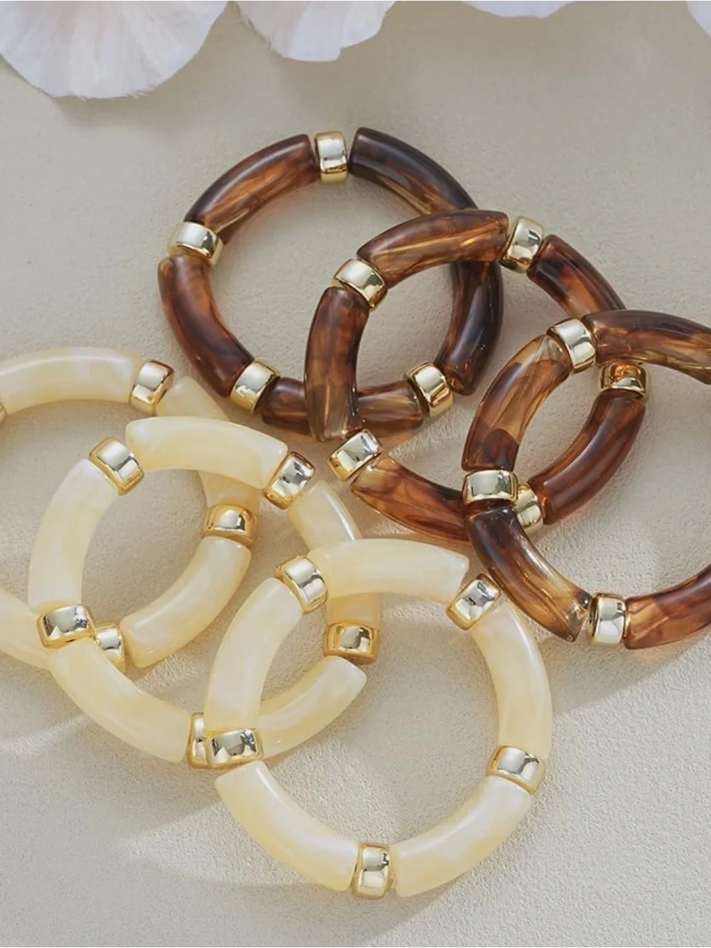 6pc Chunky Marbled Resin Bangle Set-Tortoise & Cream Gold-Tone Bracelet Stack